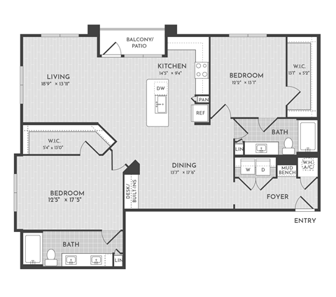 Floor plan for 2 beds, 2 baths, 1457 sqft